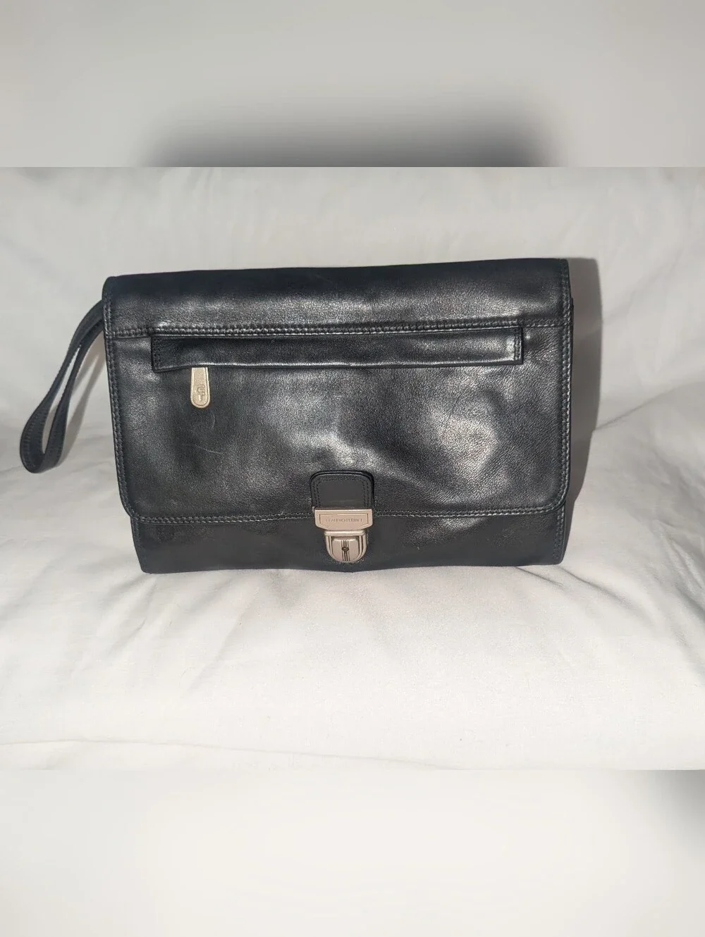 Claudio Fericci Black Leather Organizer Clutch Wristlet with Silver Hardware